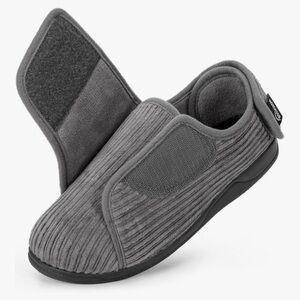Hometop Grey House Slippers Traction Hard Soles Double Velcro Woman 9 Elderly